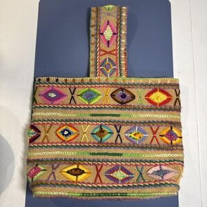 VTG COLORFUL Jute Burlap Bag Yarn Embroidery Boho Hippie Lined Pocket Rainbow